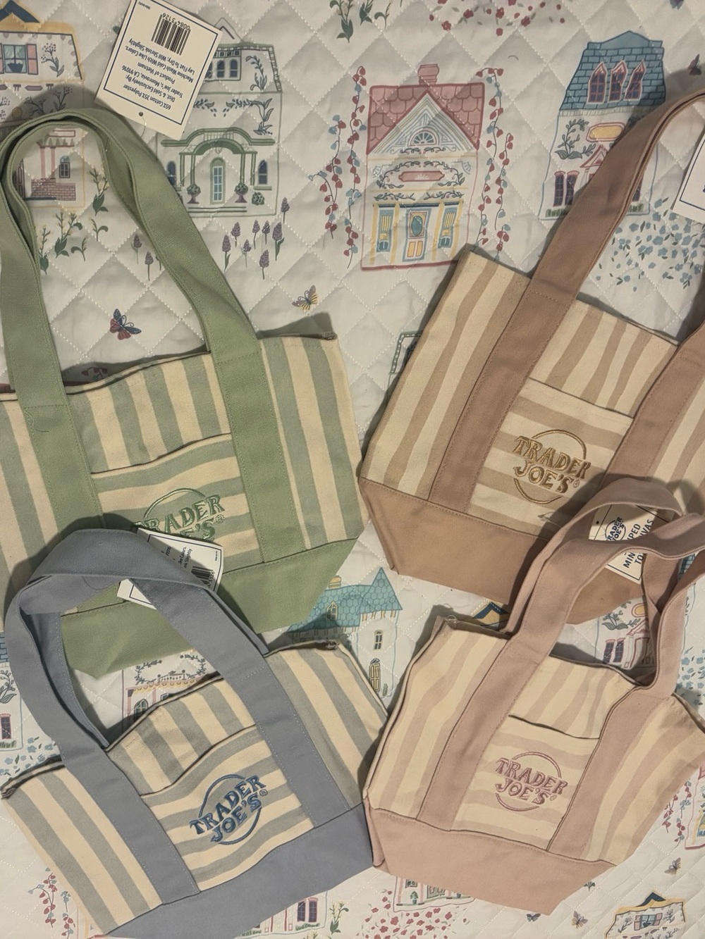 Trader Joe’s striped mini totes set of 4- Pink, Green, Blue, Tan